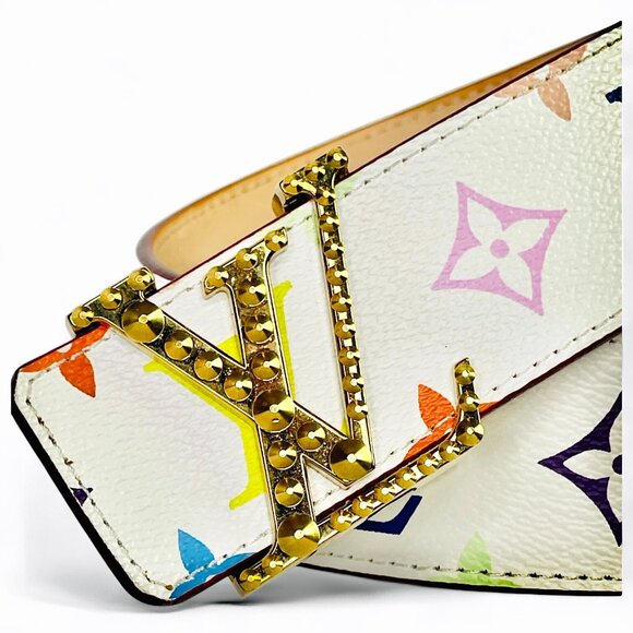 LOUIS VUITTON Murakami Monogram Multicolor Studded LV Initiales Belt 90 36 White - Picture 7 of 15